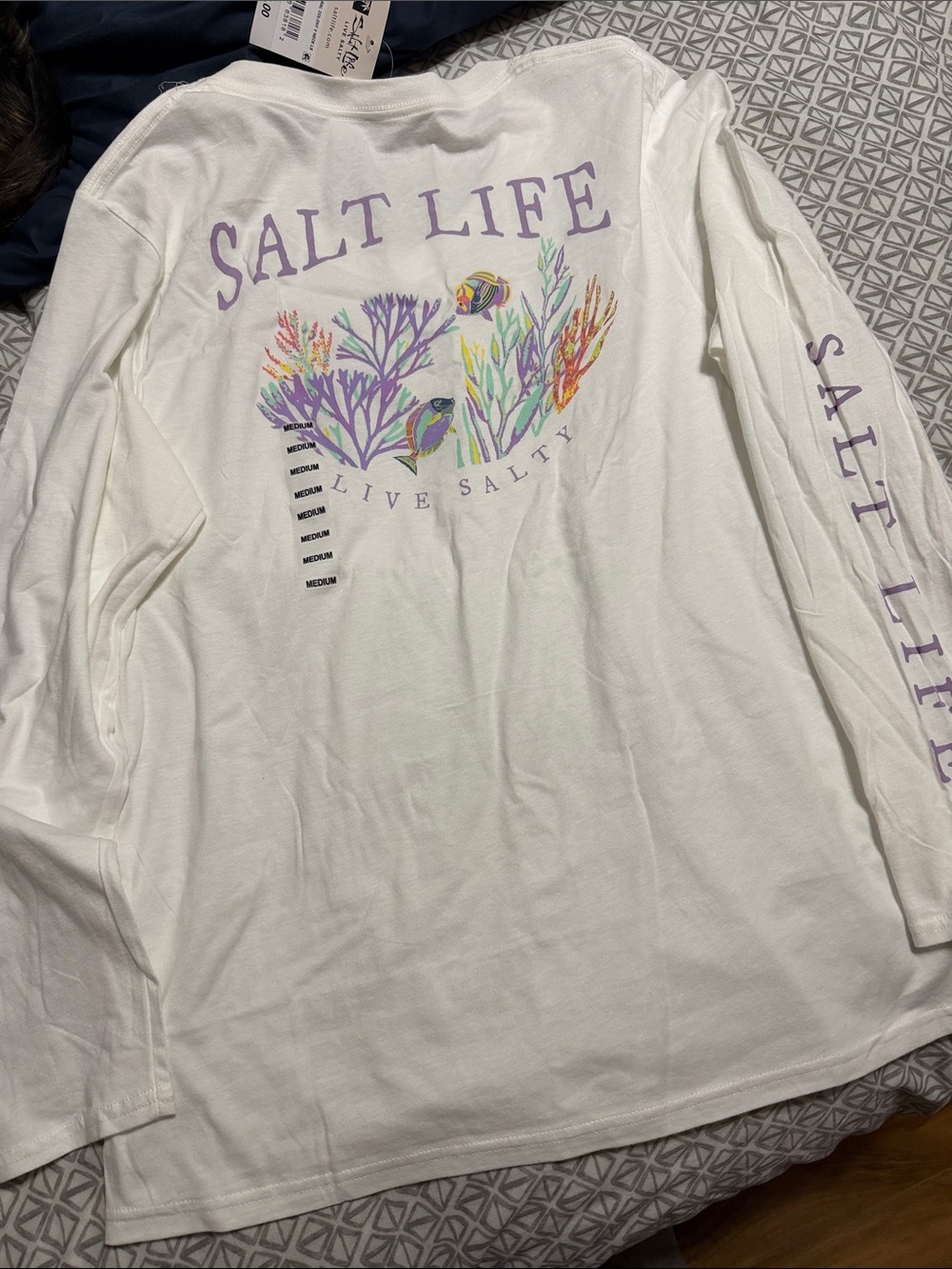 Salt Life women’s White Long-Sleeve Tee with Pastel Coral & Fish Graphic